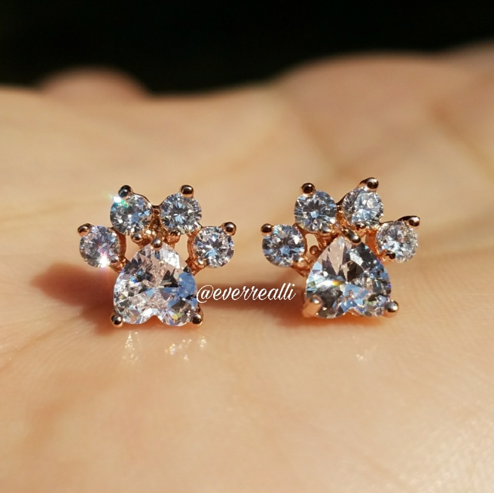 Gold Diamond Heart Paw Print earrings ear ring - Picture 7 of 7